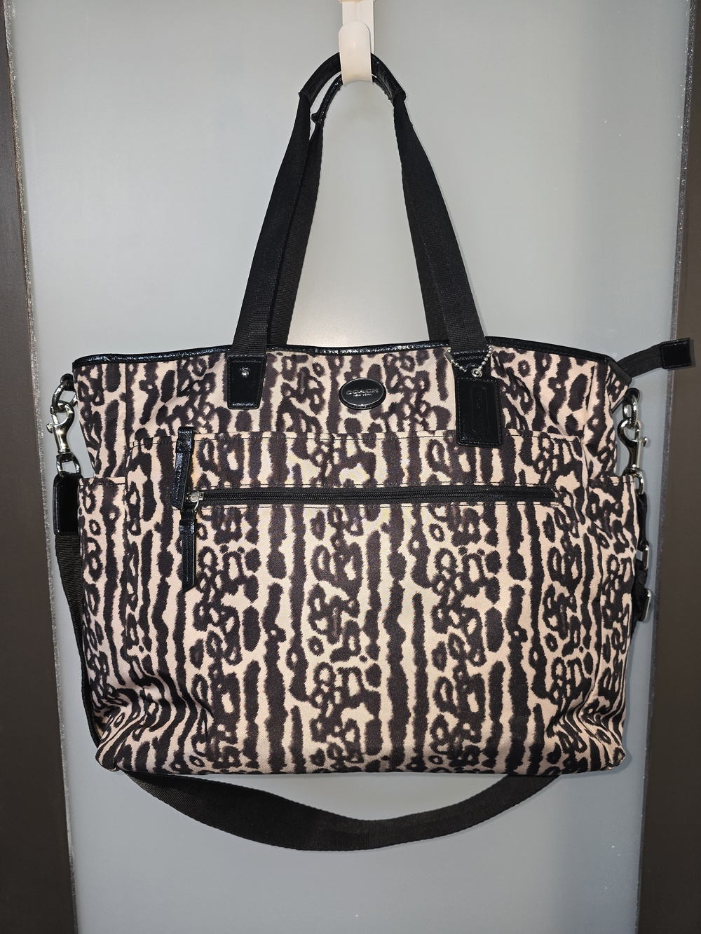 COACH F31982 Ocelot Print Nylon Diaper Bag Large Work Tote Duffle Pockets!